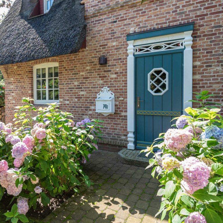 Eingang zu einem Friesenhaus mit blühenden Rhododendron